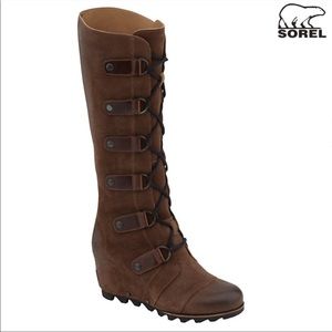 Sorel Joan of Arctic Tall Suede Leather Lace-Up Wedge Boot Brown Size 7 Cate